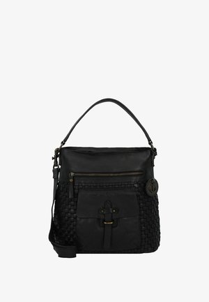 Zwarte leren handtas met een geweven textuur en een voorvak. Voorzien van een ritssluiting en een ankerembleem als hardware. Verstelbare schouderriem.