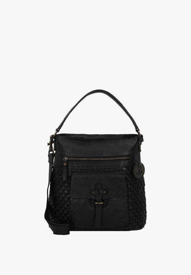 Zwarte leren handtas met een geweven textuur en een voorvak. Voorzien van een ritssluiting en een ankerembleem als hardware. Verstelbare schouderriem.