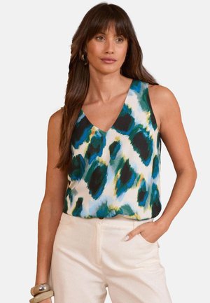 Sleeveless top with a v-neck; features a blue, green, and black abstract pattern on a light background; made of lightweight fabric.