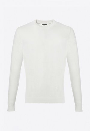 Maglione bianco a maniche lunghe in morbido tessuto a maglia fine. Caratterizzato da un collo rotondo e polsini e orlo a costine. Texture liscia, senza motivi.