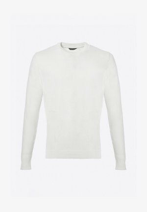 Witte, lange mouwen pullover trui gemaakt van fijne gebreide stof. Beschikt over een ronde hals en geribde mouwen en onderkant. Soepele textuur, geen patronen.