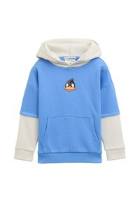 Felpa blu con cappuccio crema, caratterizzata da un'illustrazione di un'anatra in stile cartone animato sul petto, tasca a marsupio e polsini a coste. Materiale in cotone morbido.