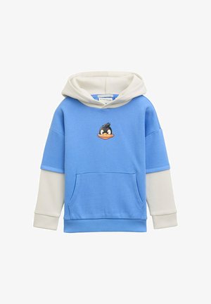 Blauer Kapuzenpullover mit einer cremefarbenen Kapuze, ausgestattet mit einer Cartoon-Entenillustration auf der Brust, Kanguru-Tasche und gerippten Bündchen. Aus weichem Baumwollmaterial.