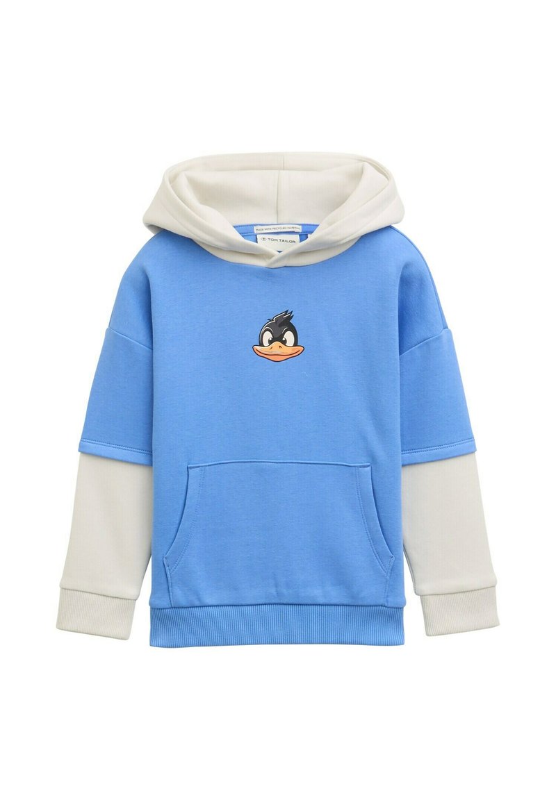 Felpa blu con cappuccio crema, caratterizzata da un'illustrazione di un'anatra in stile cartone animato sul petto, tasca a marsupio e polsini a coste. Materiale in cotone morbido.