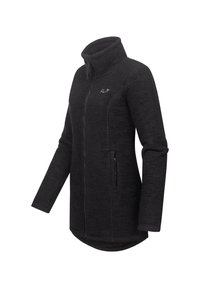 Black fleece jacket with high collar, front zipper, and side pockets. Features a textured fabric and a slightly curved hemline.