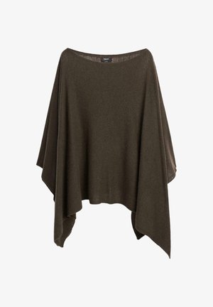 Olivengrüner Poncho aus weichem Stoff, mit weitem Ausschnitt, lockerer Passform und asymmetrischem Saum für einen entspannten Fall.