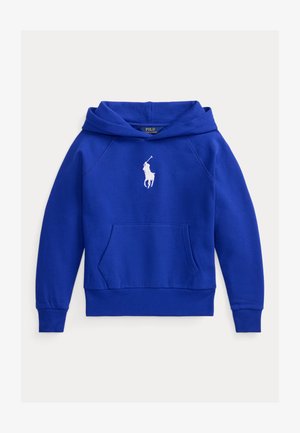 Blå genser med frontlomme, hette og hvit hestelogo. Laget av mykt stoff med ribbede mansjetter og nederkant.