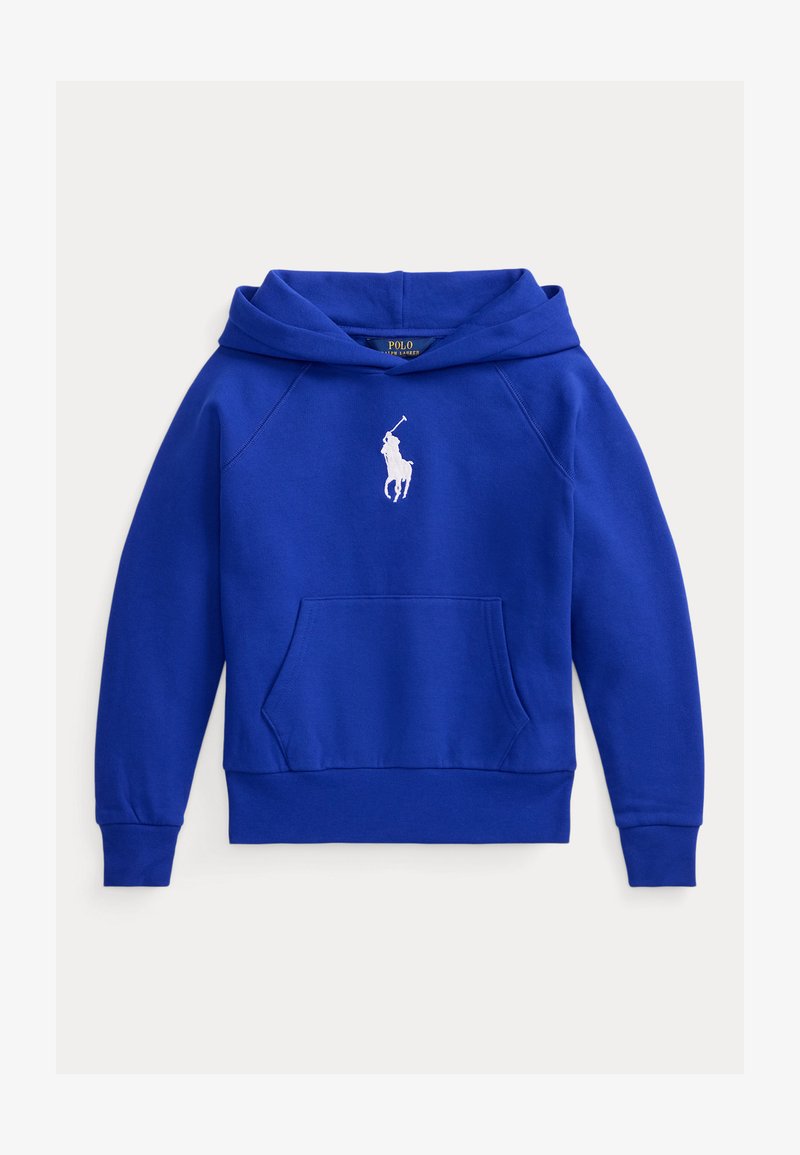 Blå genser med frontlomme, hette og hvit hestelogo. Laget av mykt stoff med ribbede mansjetter og nederkant.