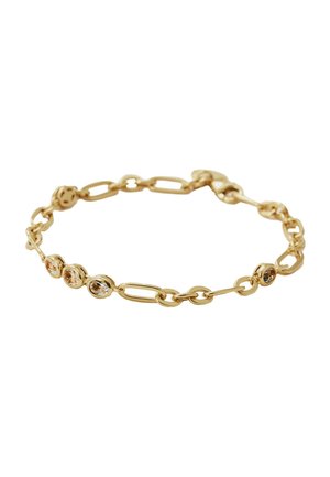 Pulsera de cadena de oro con eslabones alargados alternados y pequeñas piedras preciosas redondas, asegurada con un cierre de langosta.