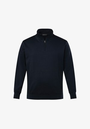 Námořnický pulover se zipem do poloviny, žebrovanými manžetami a spodním okrajem, a přední klokaní kapsou. Vyroben z měkké, strukturované látky.