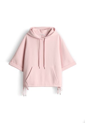 Sweat à capuche rose clair à manches courtes avec poche kangourou à l'avant, cordons de serrage à la capuche et à l'ourlet, présenté sur un fond blanc.