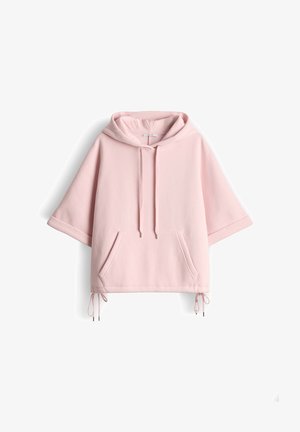 Hellrosa kurzärmeliges Hoodie mit Kängurutasche vorne, Kordelzügen an Kapuze und Saum, auf weißem Hintergrund dargestellt.