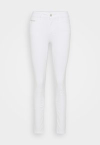 Jeans skinny in denim bianco con design a cinque tasche, chiusura con bottone in metallo e cuciture decorative sottili sulla tasca frontale. Tessuto liscio.
