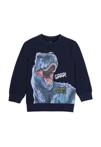 Felpa navy con una grande grafica di un dinosauro ruggente, testo "GRRR!" e etichetta "DINO WORLD"; realizzata in un morbido tessuto testurizzato.