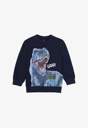 Navy sweatshirt with a large graphic of a roaring dinosaur, "GRRR!" text, and "DINO WORLD" label; made from soft, textured fabric.