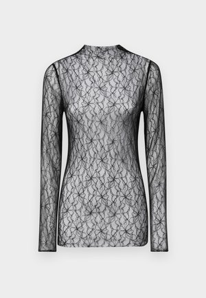 Čierny priehľadný čipkovaný top s dlhým rukávom, kvetinovým vzorom a vysokým golierom, zobrazený na bielom pozadí.