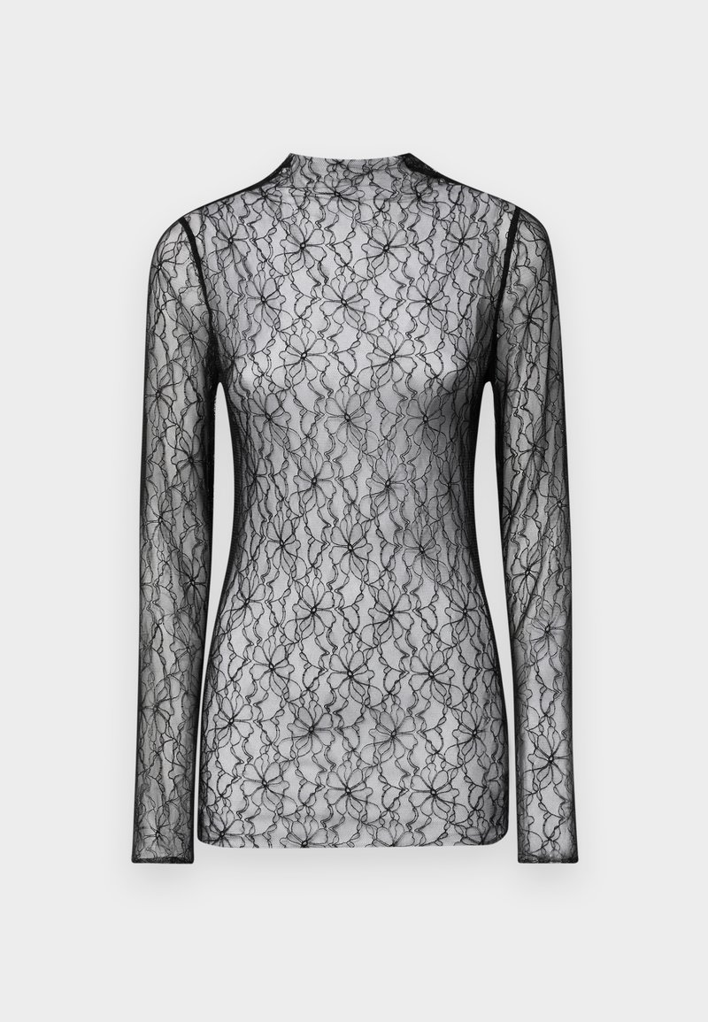 Černý průsvitný krajkový top s dlouhým rukávem s květinovým vzorem a vysokým límcem, zobrazený na bílém pozadí.