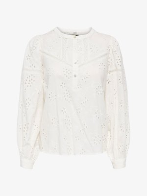 White blouse featuring embroidered floral patterns, a round neckline, and button-down front. Long sleeves with elastic cuffs and a relaxed fit.
