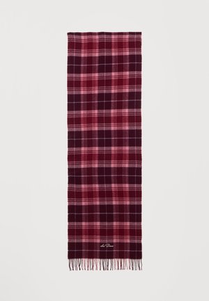 Longue écharpe rectangulaire avec un motif à carreaux rouge, rose et violet foncé et des bords frangés.