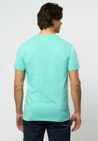 Mintgrön t-shirt med kort ärm, tillverkad av mjuk bomull. Har en klassisk rund halsringning och en avslappnad passform utan synliga mönster eller detaljer.