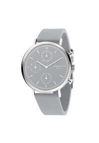 Grijze siliconen armbandhorloge met een ovale zilveren kast, een grijze wijzerplaat met uur-, minuut- en secondewijzers, en drie sub-dials voor extra functies.