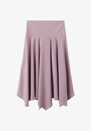 Lavendelfarvet knælængde nederdel med bred talje og asymmetrisk lommetørklæde-ærme, lavet af blødt, tekstureret stof.