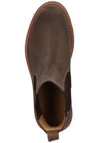 Braune Leder-Ankle-Boots mit elastischen Seitenpaneelen, runder Zehenpartie und kontrastierendem Stich. Verfügt über eine Zuglasche für einfaches Anziehen.