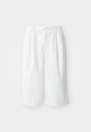 White shorts with an elastic waistband and drawstring, displayed against a plain light background. Suitable for casual or warm weather wear.