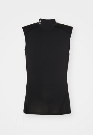 Black sleeveless mock neck top made of smooth, stretchy fabric. Features flat seams and subtle logo accent at the collar.