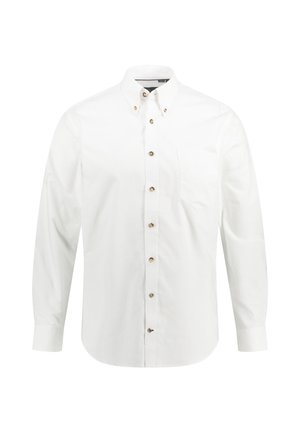 Weißes Hemd mit Button-Down-Kragen, langen Ärmeln, einer Brusttasche und braunen Knopfakzenten. Hergestellt aus glattem Baumwollstoff.