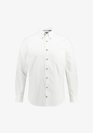 Weißes Hemd mit Button-Down-Kragen, langen Ärmeln, einer Brusttasche und braunen Knopfakzenten. Hergestellt aus glattem Baumwollstoff.