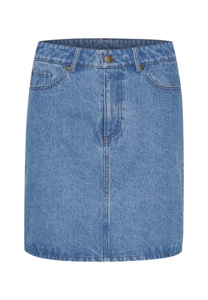 Kurzer Jeansrock in Hellblau. Mit einem Taillenbund mit einem Metallknopf, fünf Taschen und dezenten Verwaschungen für eine gewisse Textur.