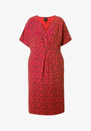 Rode jurk tot op de knie met korte mouwen, zwart abstract patroon, V-hals en knoopdetail aan de voorkant bij de taille.