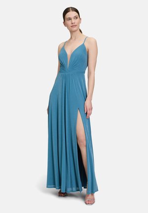 Langes, ärmelloses, glitzerndes blaues Kleid mit tiefem V-Ausschnitt, Falten an der Taille und hohen Schlitzen bis zum Oberschenkel für eine fließende Silhouette.