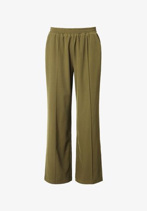 Oliwkowe spodnie z szerokimi nogawkami, wykonane z miękkiego materiału, z elastycznym paskiem w talii i plisami z przodu dla dodatkowego wykończenia.