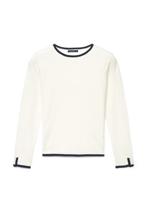 Maglia bianca a maniche lunghe con bordi navy sulla scollatura e sui bordi delle maniche, caratterizzata da un motivo a maglia testurizzata e un design aderente.