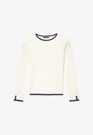 Maglia bianca a maniche lunghe con bordi navy sulla scollatura e sui bordi delle maniche, caratterizzata da un motivo a maglia testurizzata e un design aderente.