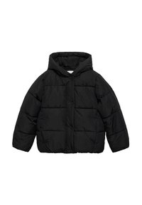 Veste matelassée noire avec capuche, fermeture à boutons et design matelassé avec des sections rembourrées. Fabriquée dans un tissu lisse et léger.
