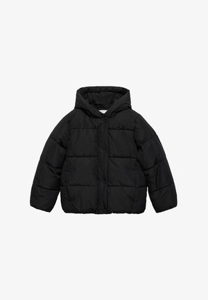 Veste matelassée noire avec capuche, fermeture à boutons et design matelassé avec des sections rembourrées. Fabriquée dans un tissu lisse et léger.