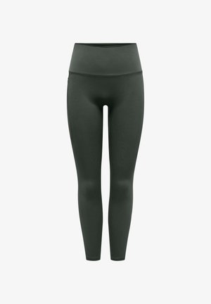 Leggings a vita alta, aderenti, in tessuto verde scuro con una texture liscia, senza motivi o dettagli visibili, adatti per l'abbigliamento sportivo.