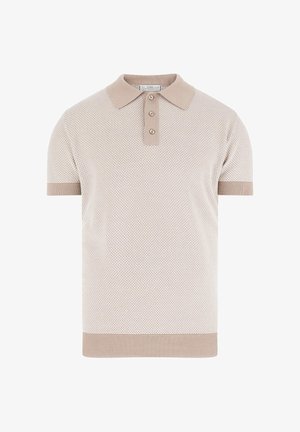 Beige short-sleeve knit polo shirt with textured pattern, three-button placket, and ribbed collar, cuffs, and hem.