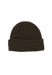 Dark brown ribbed knit beanie with a folded cuff, designed for warmth and casual wear.