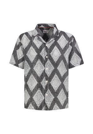 Kurzärmliges Hemd mit Knopfleiste, schwarz-weißem Rautenmuster und strukturiertem Gitternetz-Design.