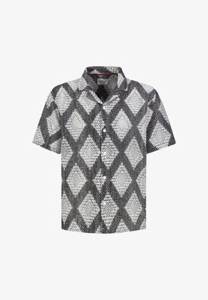Short-sleeve button-up shirt with a black and white diamond pattern and textured grid design.