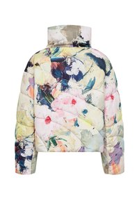 Doudoune à col montant avec imprimé floral abstrait multicolore façon coups de pinceau sur tissu matelassé, vue de dos.