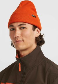 Oranje gebreide beanie met een klep. Bruine jas met een oranje ritssluiting en kleuraccenten langs de kraag. Eenvoudig ontwerp, zachte textuur.
