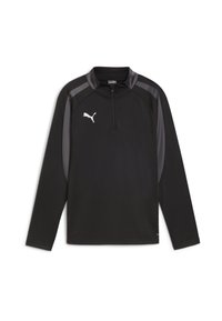 Fekete, hosszú ujjú sportfelső, félig cipzáros gallérral. Szürke oldalsó panelek és fehér Puma logó található a mellkason. Simább tapintású.