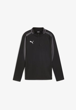 Top deportivo negro de manga larga con cuello de media cremallera. Presenta paneles laterales grises y un logo blanco de Puma en el pecho. Textura suave.