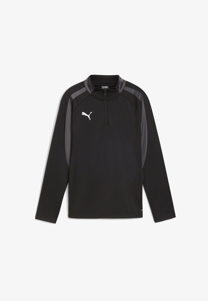 Fekete, hosszú ujjú sportfelső, félig cipzáros gallérral. Szürke oldalsó panelek és fehér Puma logó található a mellkason. Simább tapintású.
