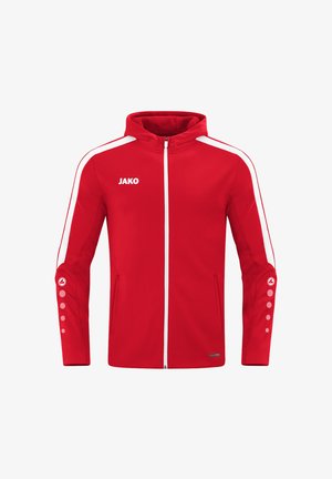 Rote Sportjacke mit weißen Akzenten, durchgehendem Reißverschluss, Kapuze, seitlichen Taschen und Logo auf der Vorderseite. Verfügt über kreisförmige Details an den Ärmeln. Glatte Textur.